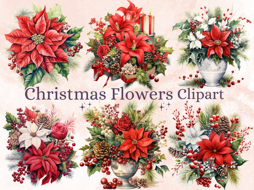 35 PNG Watercolor Christmas Flowers Clipart, Merry Christmas Bouquets Clip art, Winter Arrangement Graphic png, Xmas Noel Sublimation Bundle