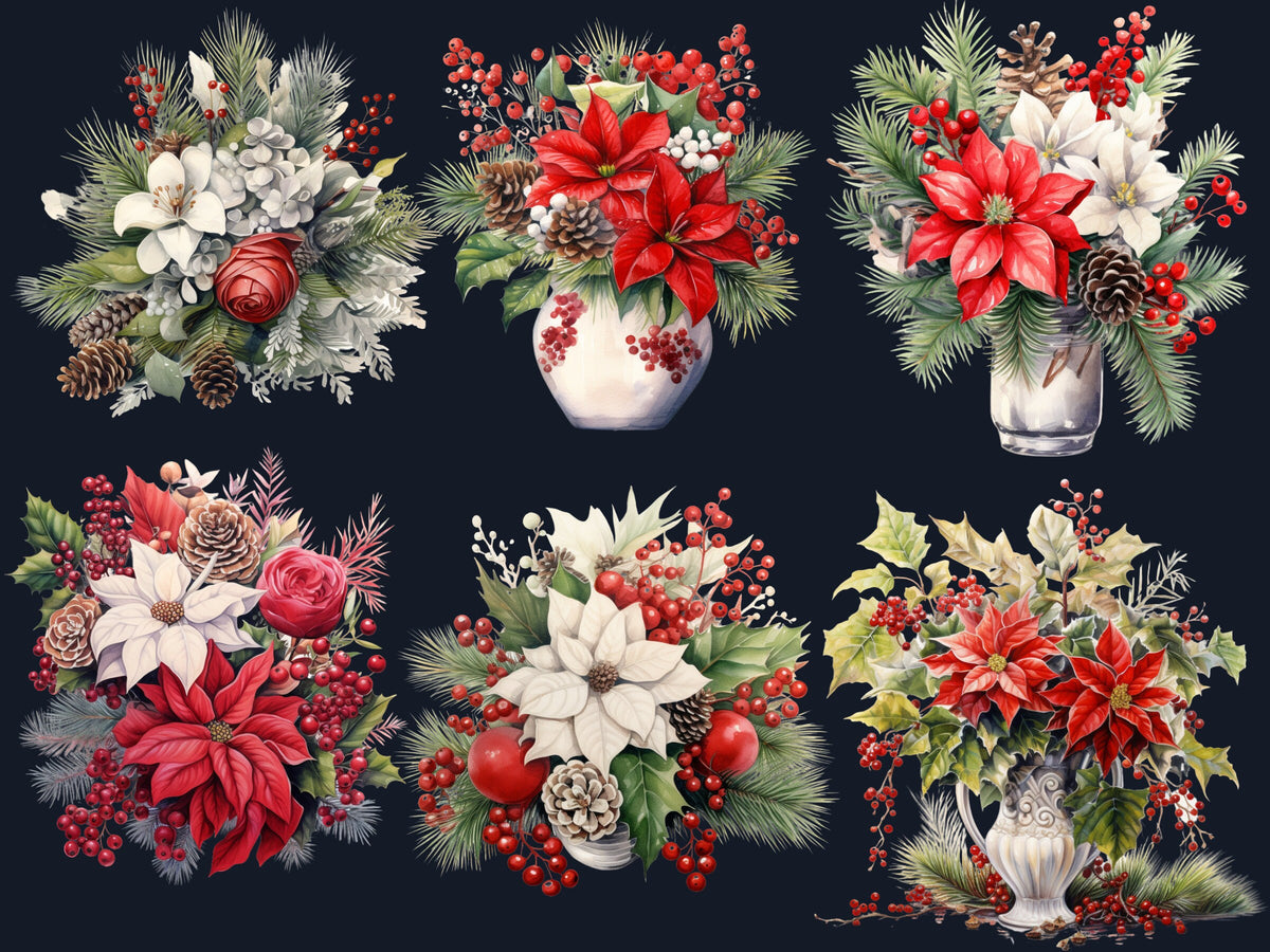 35 PNG Watercolor Christmas Flowers Clipart, Merry Christmas Bouquets Clip art, Winter Arrangement Graphic png, Xmas Noel Sublimation Bundle