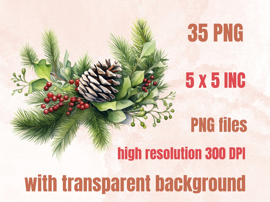 35 PNG Watercolor Christmas Greenery Clipart, Merry Christmas Botanical Clip art, Winter Arrangement Graphic png, Xmas Noel Sublimation