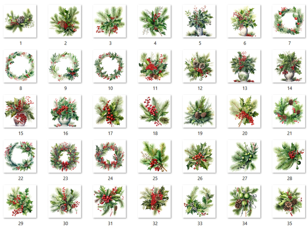 35 PNG Watercolor Christmas Greenery Clipart, Merry Christmas Botanical Clip art, Winter Arrangement Graphic png, Xmas Noel Sublimation