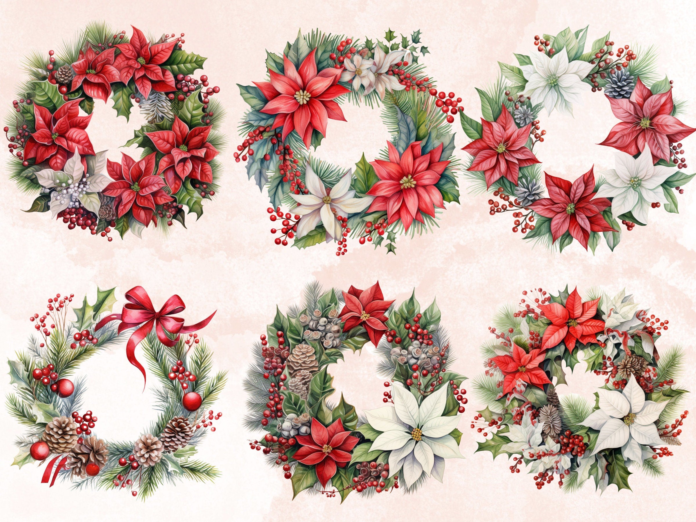 27 PNG Watercolor Christmas Wreath Clipart, Merry Christmas Holiday Wreath Clip art, Winter Greenery Frames png, Xmas Noel Sublimation