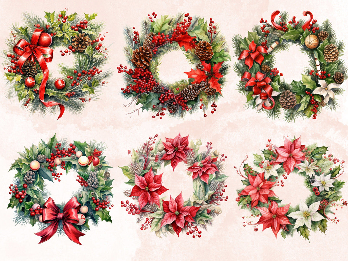 27 PNG Watercolor Christmas Wreath Clipart, Merry Christmas Holiday Wreath Clip art, Winter Greenery Frames png, Xmas Noel Sublimation