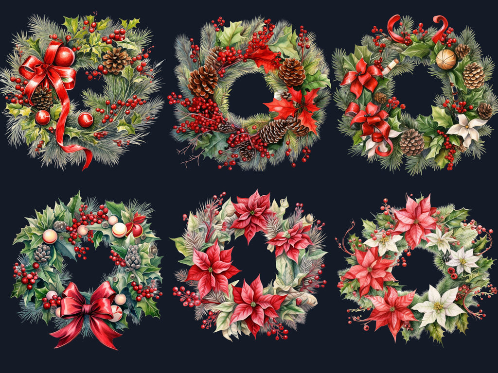 27 PNG Watercolor Christmas Wreath Clipart, Merry Christmas Holiday Wreath Clip art, Winter Greenery Frames png, Xmas Noel Sublimation