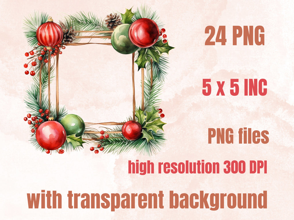 24 PNG Watercolor Christmas Frames Clipart, Merry Christmas Holiday Wreath Clip art, Winter Greenery Border png, Xmas Noel Sublimation