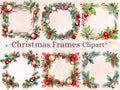 24 PNG Watercolor Christmas Frames Clipart, Merry Christmas Holiday Wreath Clip art, Winter Greenery Border png, Xmas Noel Sublimation