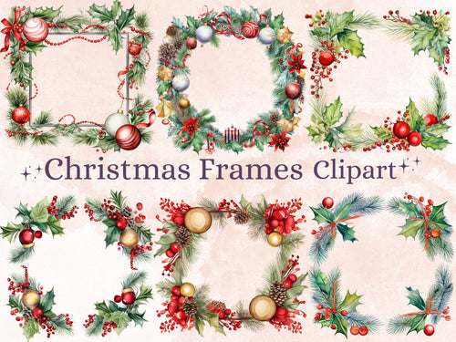 24 PNG Watercolor Christmas Frames Clipart, Merry Christmas Holiday Wreath Clip art, Winter Greenery Border png, Xmas Noel Sublimation