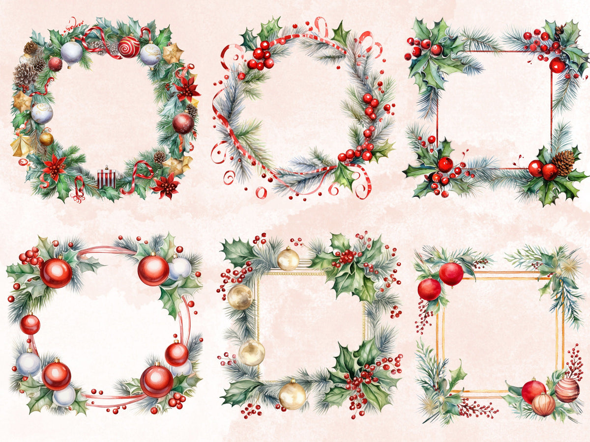 24 PNG Watercolor Christmas Frames Clipart, Merry Christmas Holiday Wreath Clip art, Winter Greenery Border png, Xmas Noel Sublimation
