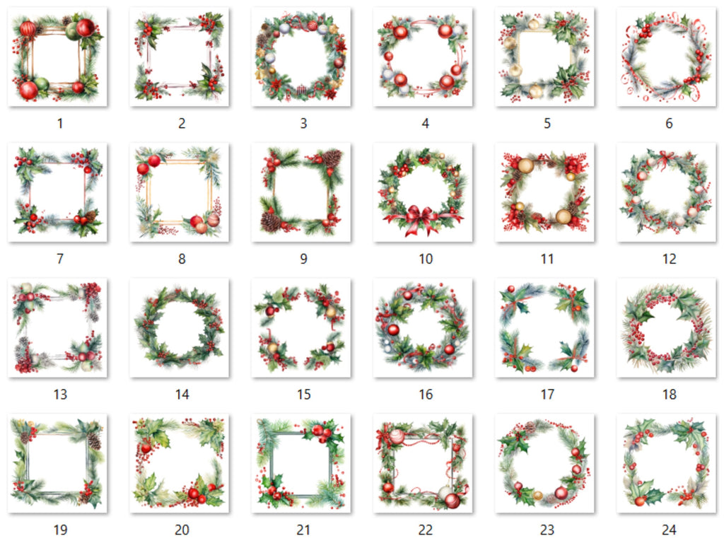 24 PNG Watercolor Christmas Frames Clipart, Merry Christmas Holiday Wreath Clip art, Winter Greenery Border png, Xmas Noel Sublimation