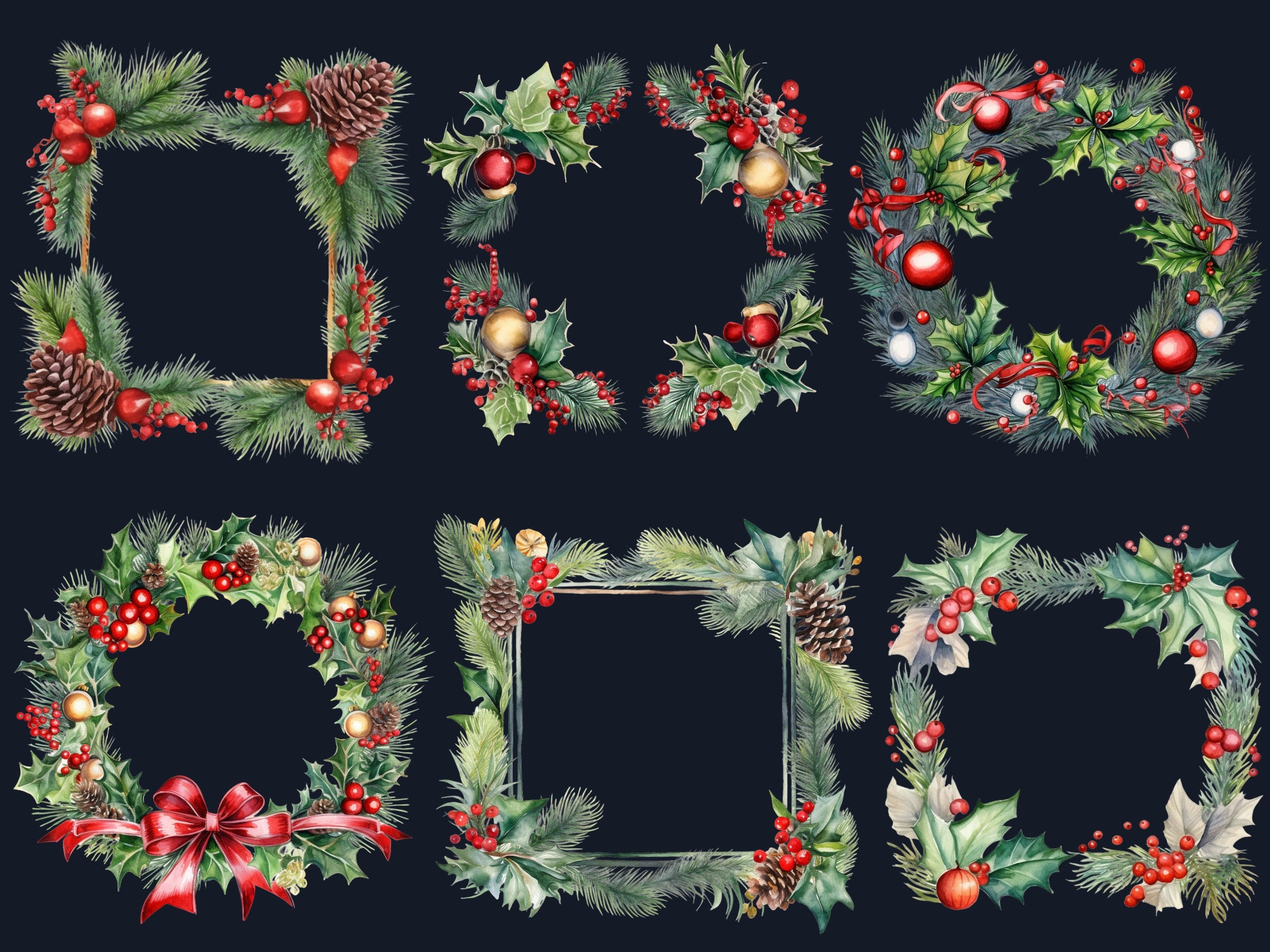 24 PNG Watercolor Christmas Frames Clipart, Merry Christmas Holiday Wreath Clip art, Winter Greenery Border png, Xmas Noel Sublimation