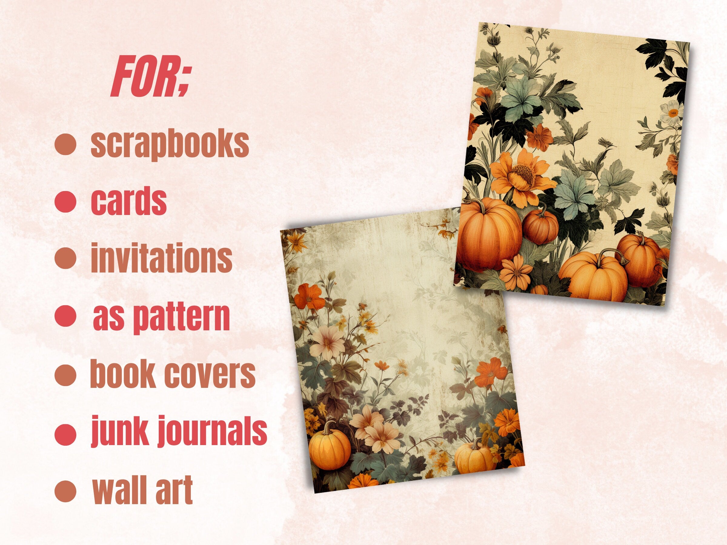 Printable Vintage Halloween Floral Digital Paper, Halloween Ephemera, Faded Flowers Pages, Download Junk Journal, Scrapbooking, Card Making