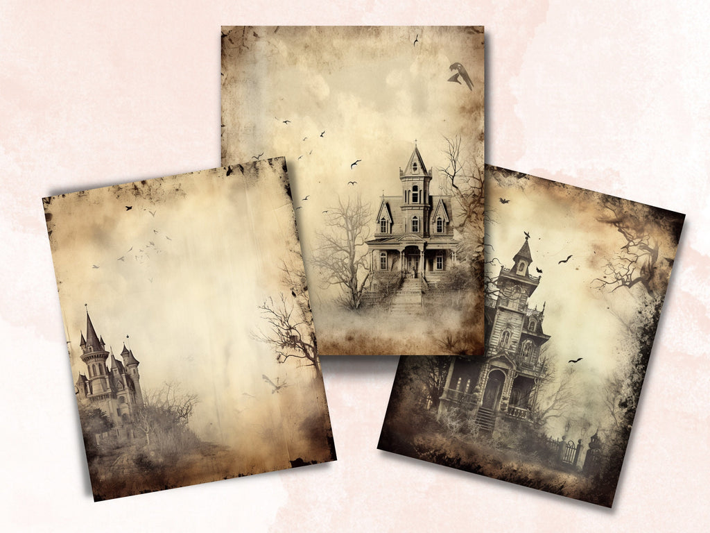 Printable Haunted Mansion Digital Paper, Spooky Halloween Ephemera, Faded Gothic Pages, Download Junk Journal, Scrapbooking, Card Making