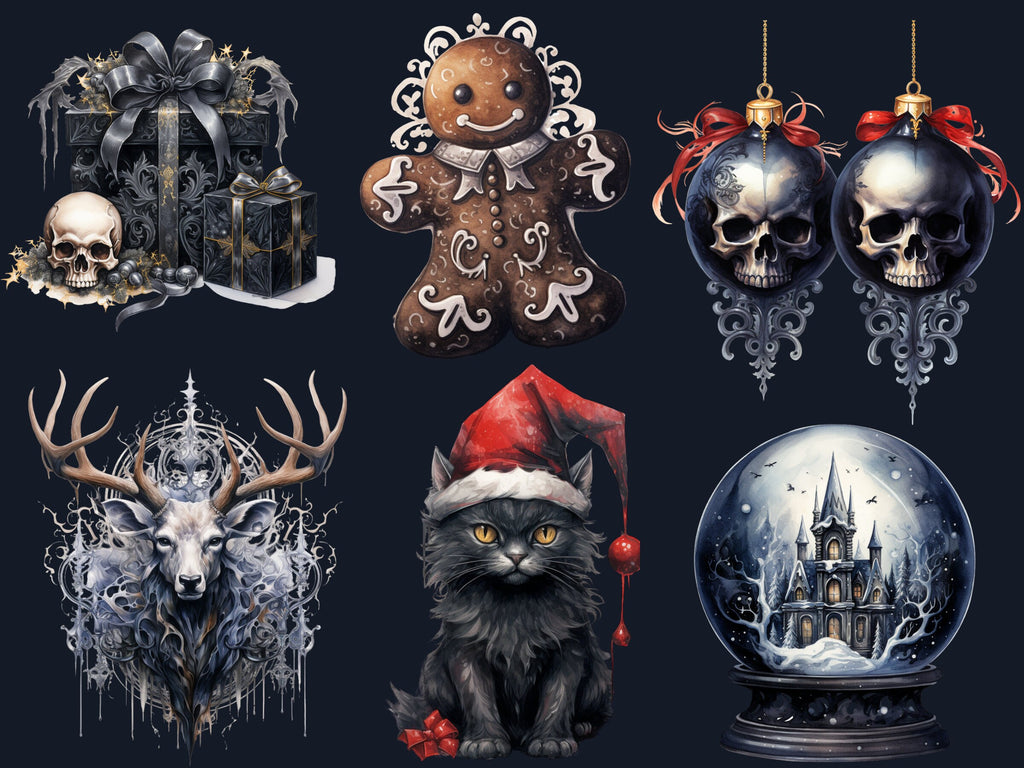 42 PNG Watercolour Gothic Creepy Christmas Bundle Clipart, Spooky Dark Christmas Illustrations, Winter Holiday png, Xmas Noel Sublimation