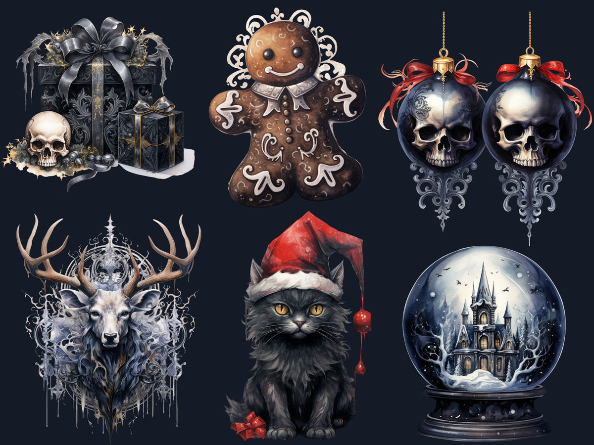 42 PNG Watercolour Gothic Creepy Christmas Bundle Clipart, Spooky Dark Christmas Illustrations, Winter Holiday png, Xmas Noel Sublimation