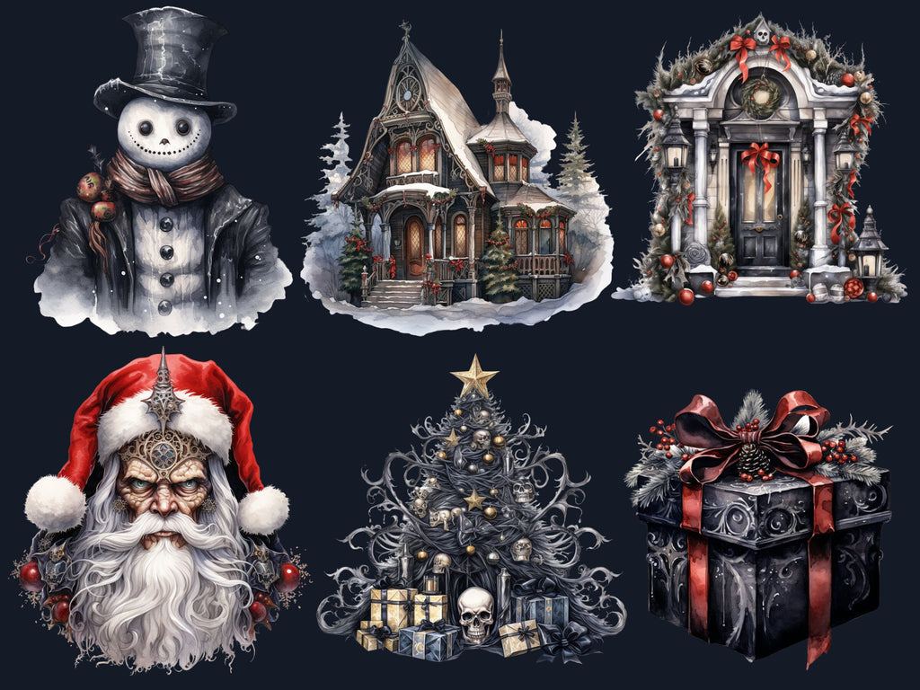 42 PNG Watercolour Gothic Creepy Christmas Bundle Clipart, Spooky Dark Christmas Illustrations, Winter Holiday png, Xmas Noel Sublimation