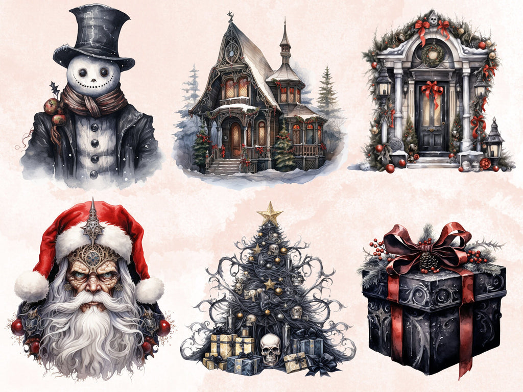 42 PNG Watercolour Gothic Creepy Christmas Bundle Clipart, Spooky Dark Christmas Illustrations, Winter Holiday png, Xmas Noel Sublimation