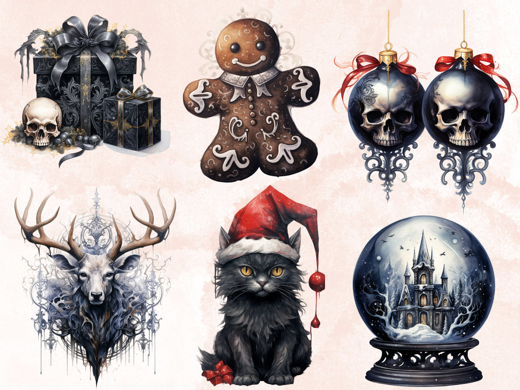 42 PNG Watercolour Gothic Creepy Christmas Bundle Clipart, Spooky Dark Christmas Illustrations, Winter Holiday png, Xmas Noel Sublimation