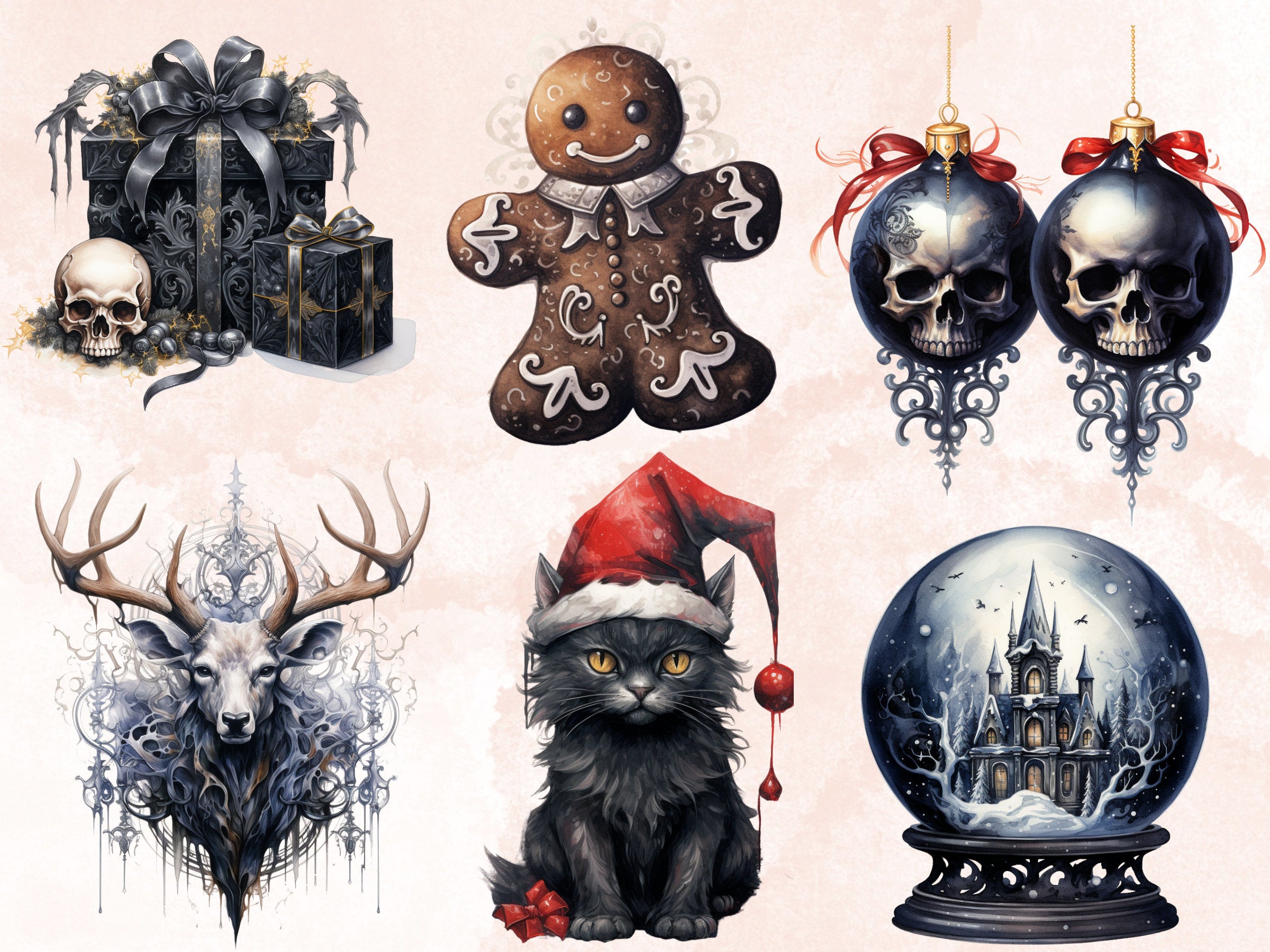 42 PNG Watercolour Gothic Creepy Christmas Bundle Clipart, Spooky Dark Christmas Illustrations, Winter Holiday png, Xmas Noel Sublimation