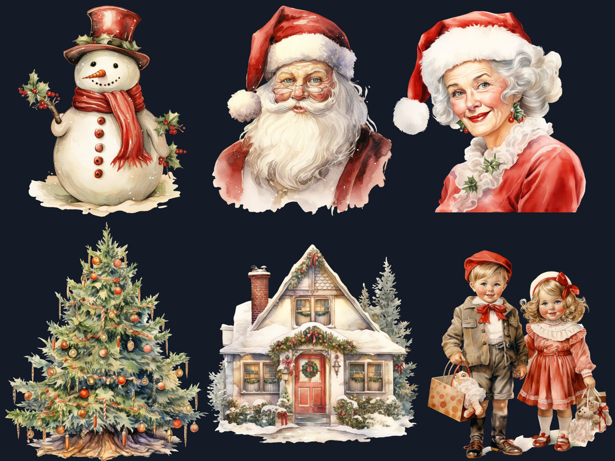 42 PNG Watercolour Vintage Christmas Bundle Clipart, Retro Christmas Illustrations Clip art, Winter Holiday png, Xmas Sublimation Ephemera