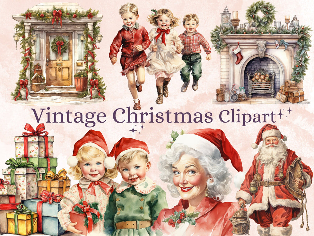 42 PNG Watercolour Vintage Christmas Bundle Clipart, Retro Christmas Illustrations Clip art, Winter Holiday png, Xmas Sublimation Ephemera