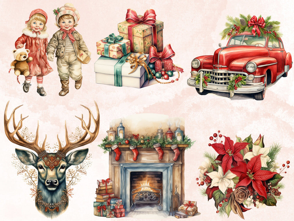 42 PNG Watercolour Vintage Christmas Bundle Clipart, Retro Christmas Illustrations Clip art, Winter Holiday png, Xmas Sublimation Ephemera