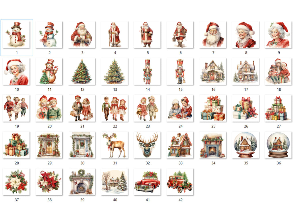42 PNG Watercolour Vintage Christmas Bundle Clipart, Retro Christmas Illustrations Clip art, Winter Holiday png, Xmas Sublimation Ephemera