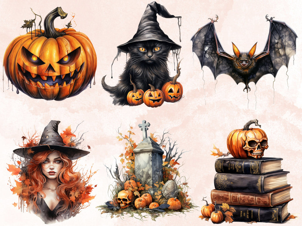 40 PNG Watercolour Halloween Bundle Clipart, Happy Halloween Illustrations Clip art, Cozy Fall Witchcraft png, Autumn Pumpkin Sublimation