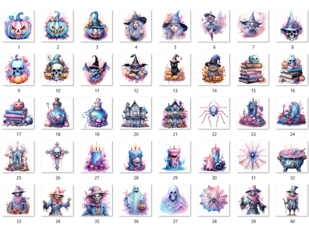 40 PNG Watercolour Pastel Halloween Bundle Clipart, Cute Pink Halloween Illustrations Clip art, Witchcraft png, Pastelloween Sublimation