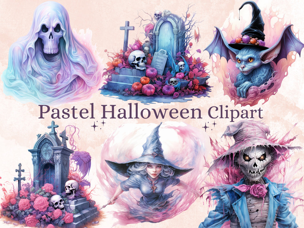 40 PNG Watercolour Pastel Halloween Bundle Clipart, Cute Pink Halloween Illustrations Clip art, Witchcraft png, Pastelloween Sublimation
