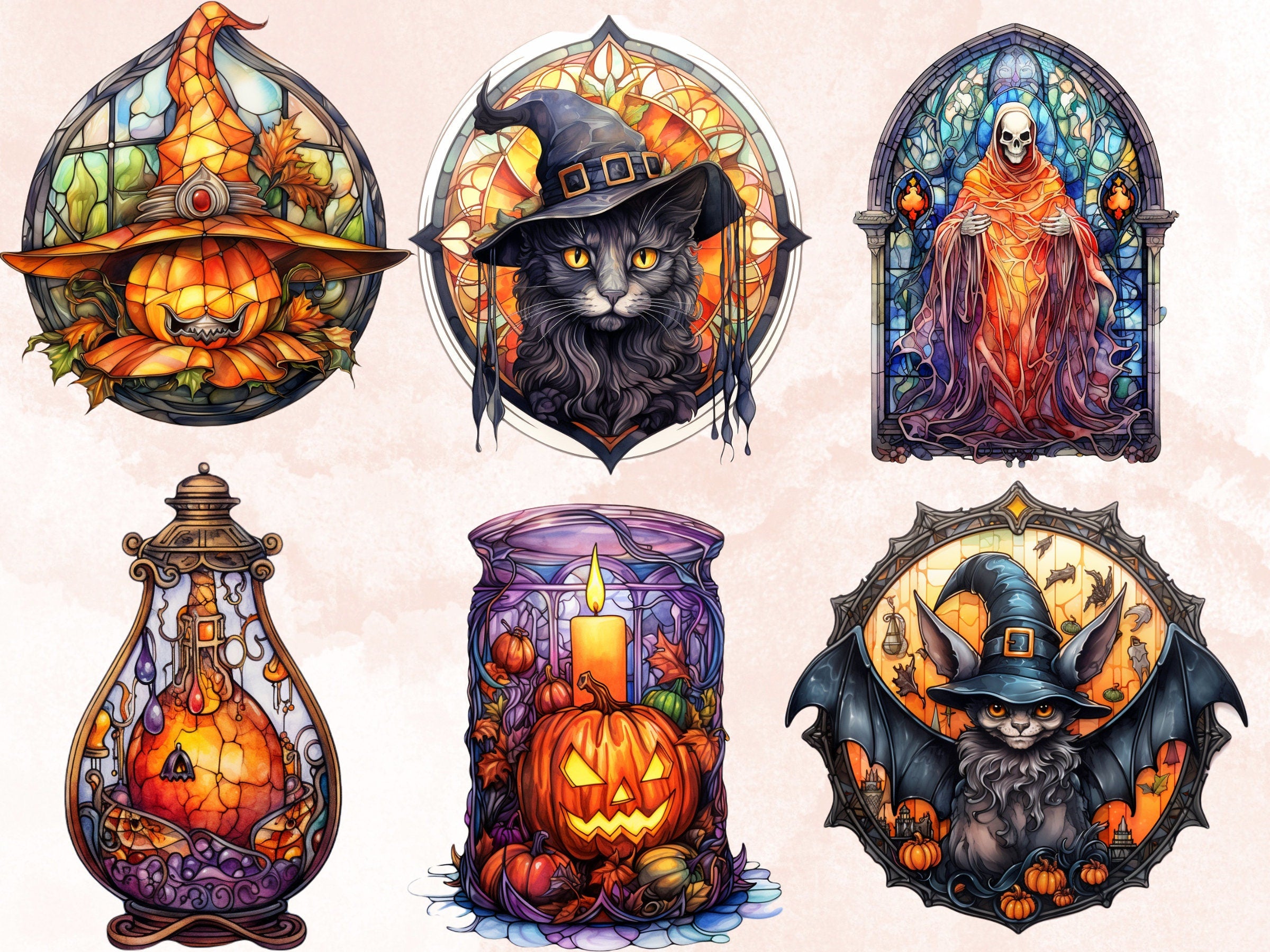56 PNG Watercolor Stained Glass Halloween Bundle Clipart, Happy Halloween Illustrations Clip art, Witchcraft png, Stained Glass Sublimation