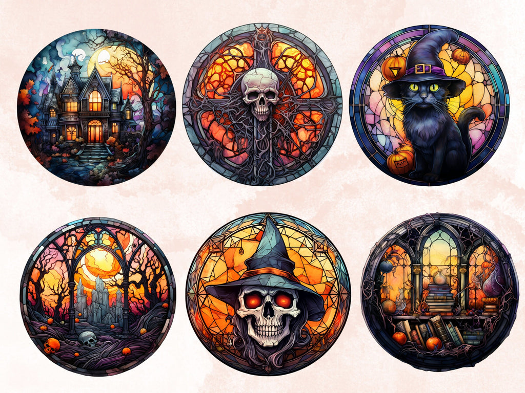 65 PNG Watercolor Round Stained Glass Halloween Big Bundle Clipart, Halloween Illustrations Clip art, Witchcraft png, Circle Stained Glass