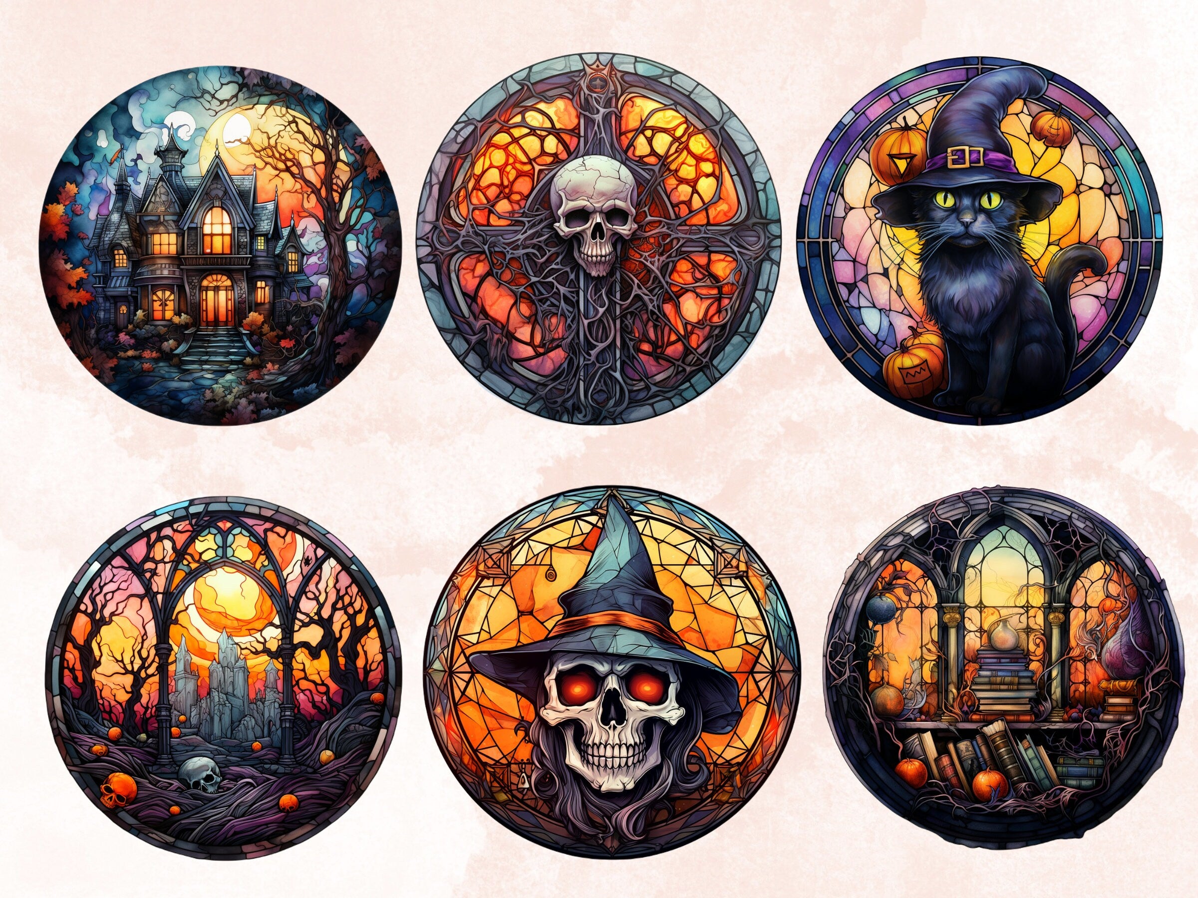 65 PNG Watercolor Round Stained Glass Halloween Big Bundle Clipart, Halloween Illustrations Clip art, Witchcraft png, Circle Stained Glass
