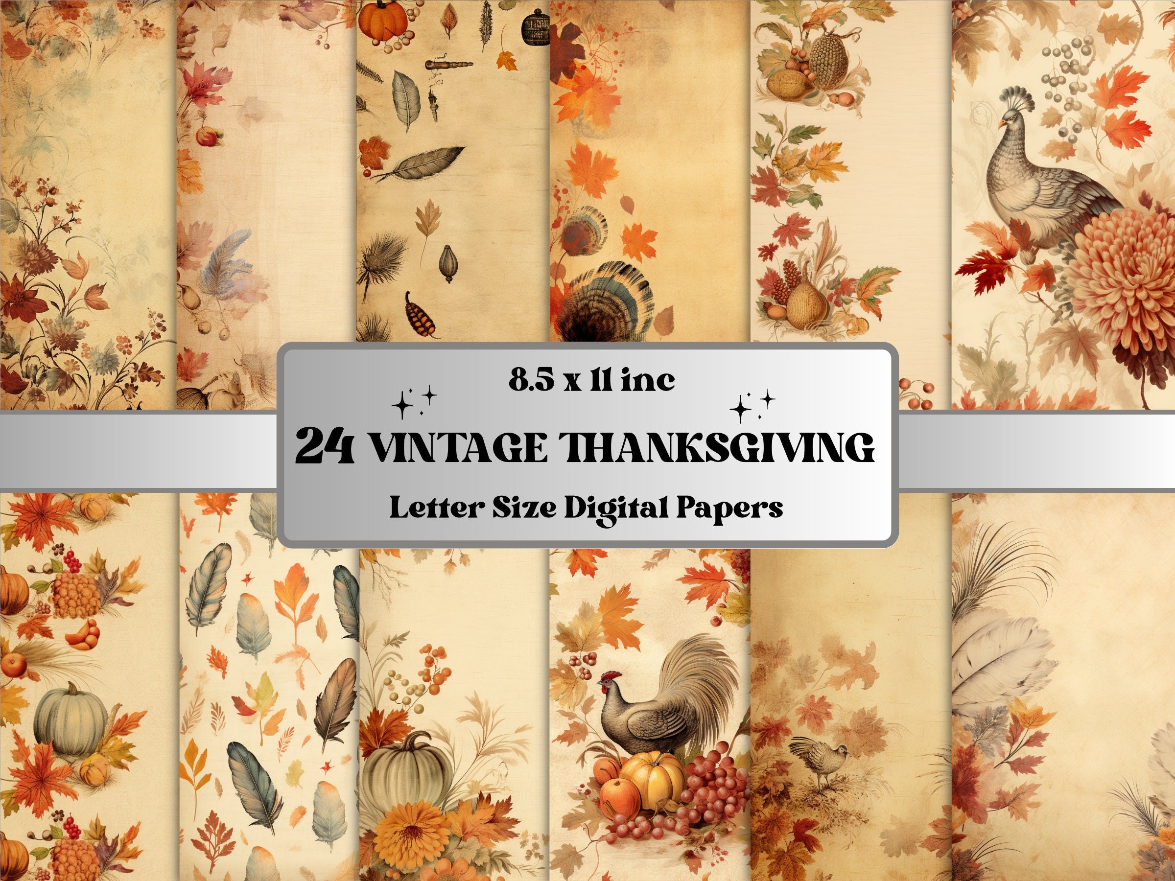 Printable Vintage Thanksgiving Digital Paper, Fall Autumn Ephemera, Pumpkin Harvest Pages, Download Junk Journal, Scrapbooking, Card Making