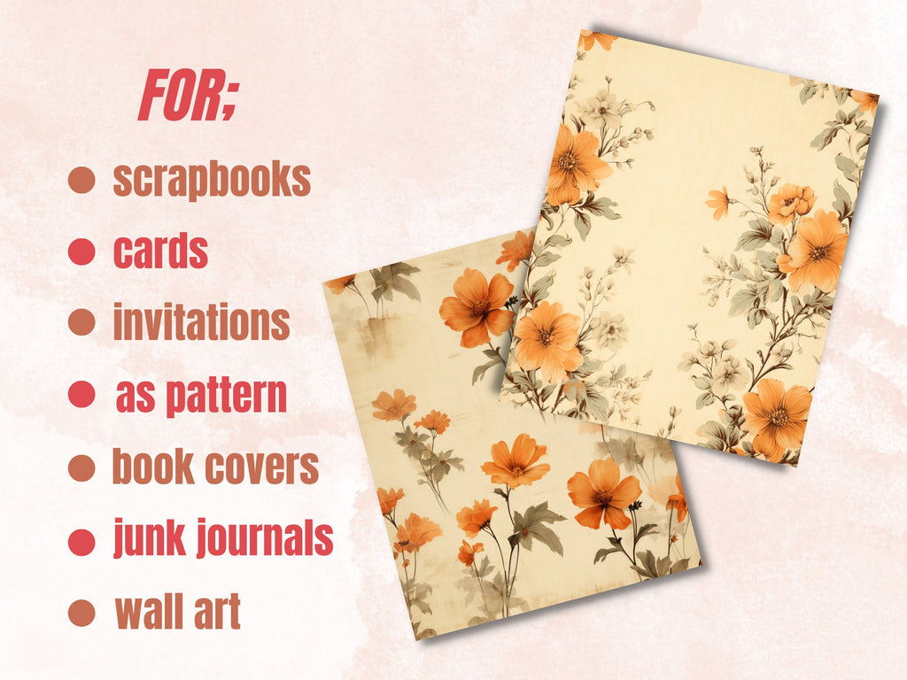 Printable Fall Floral Digital Paper, Fall Autumn Ephemera, Vintage Orange Flowers Pages, Download Junk Journal, Scrapbooking, Card Making