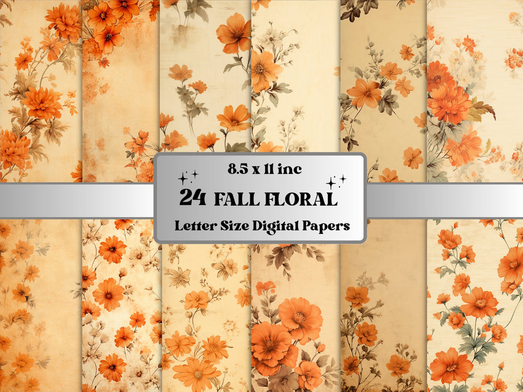 Printable Fall Floral Digital Paper, Fall Autumn Ephemera, Vintage Orange Flowers Pages, Download Junk Journal, Scrapbooking, Card Making