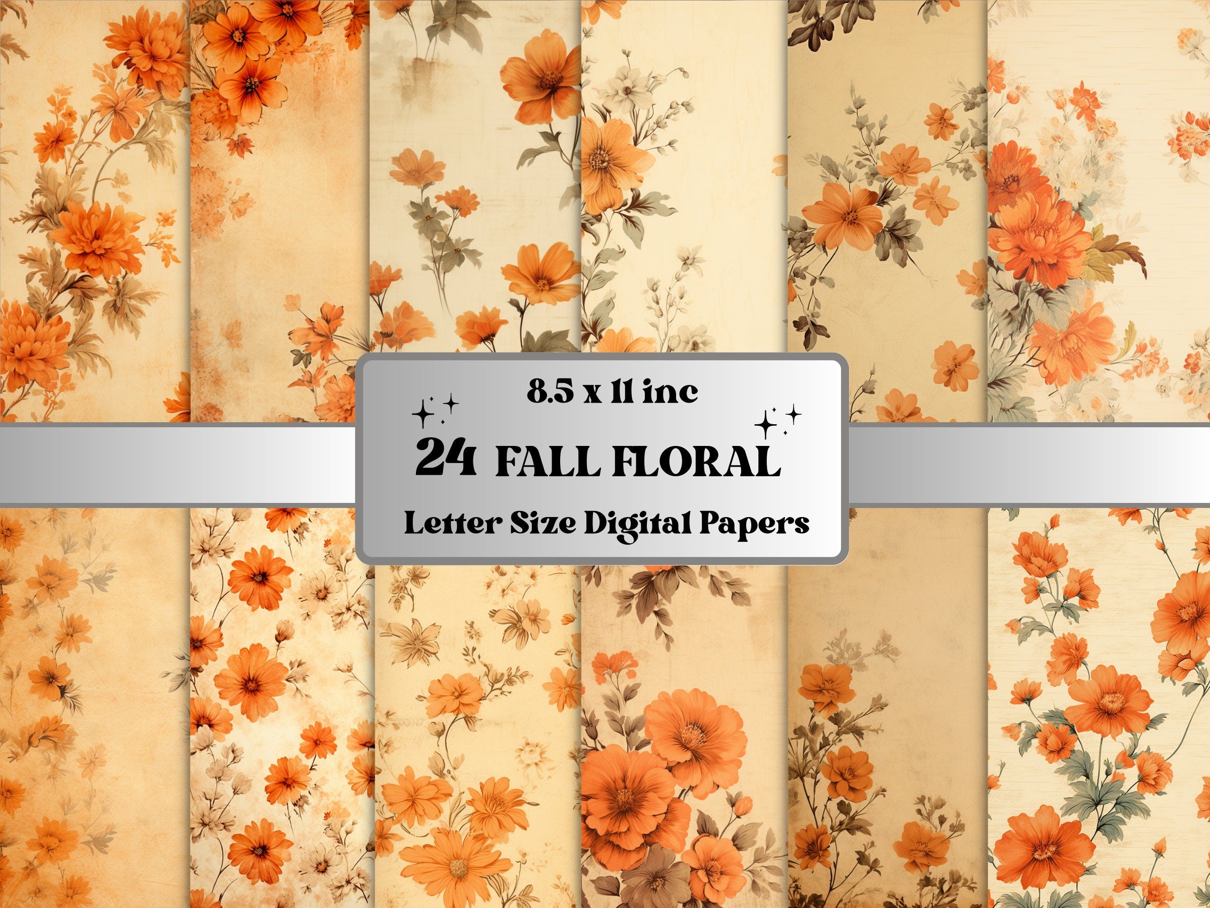 Printable Fall Floral Digital Paper, Fall Autumn Ephemera, Vintage Orange Flowers Pages, Download Junk Journal, Scrapbooking, Card Making