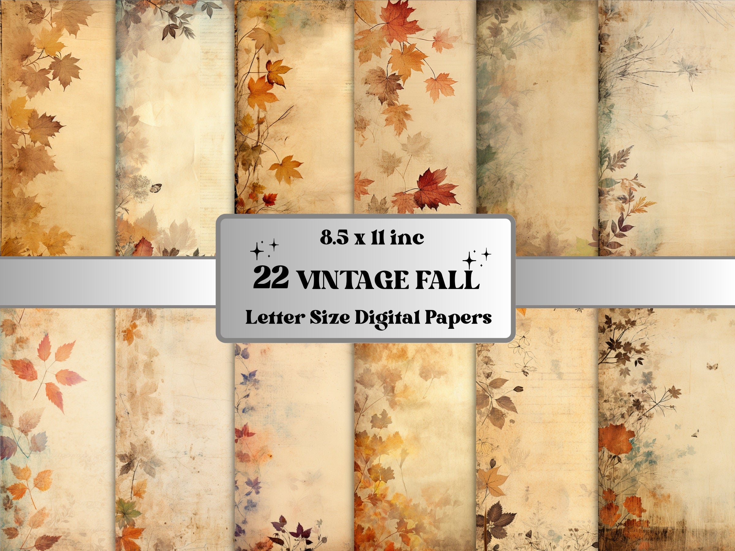 Printable Vintage Fall Digital Paper, Faded Autumn Leaves Ephemera, Pumpkin Harvest Pages, Download Junk Journal, Scrapbooking, Card Making