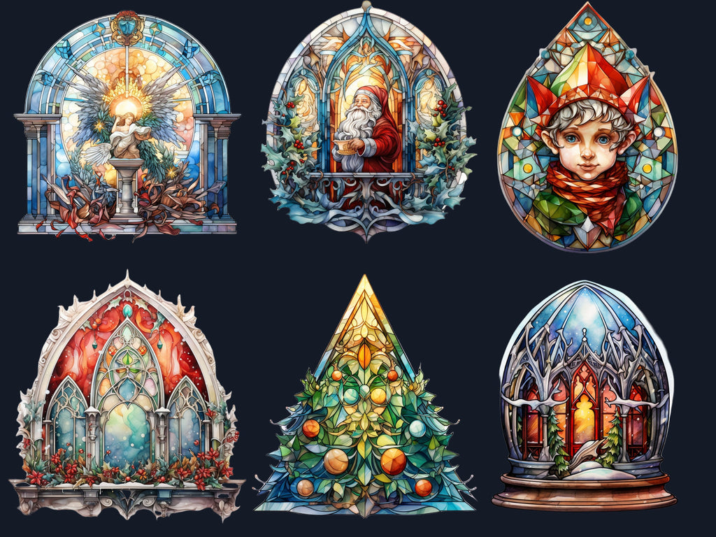 100 PNG Watercolor Stained Glass Christmas Big Bundle Clipart, Merry Christmas Illustrations Clip art, Stained Glass Winter Digital Sticker