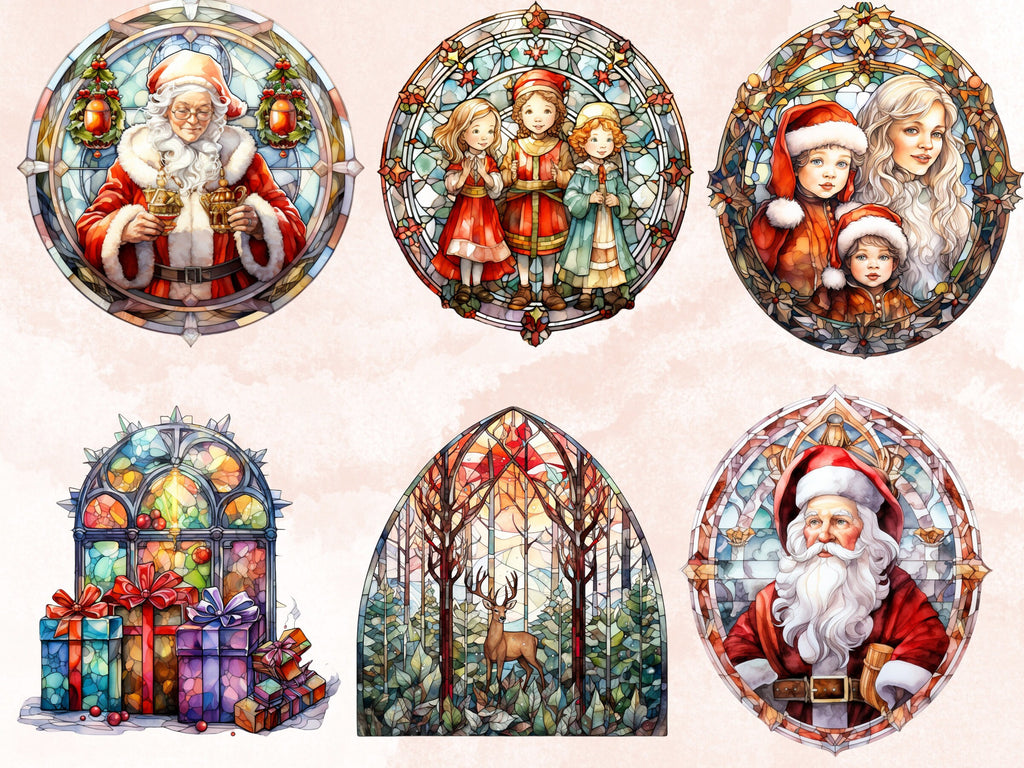 100 PNG Watercolor Stained Glass Christmas Big Bundle Clipart, Merry Christmas Illustrations Clip art, Stained Glass Winter Digital Sticker