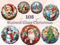 105 PNG Watercolor Round Stained Glass Christmas Bundle Clipart, Xmas Illustrations Clip art, Circle Stained Glass Winter Digital Sticker