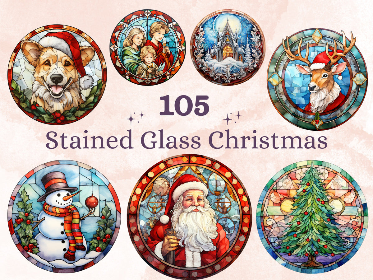 105 PNG Watercolor Round Stained Glass Christmas Bundle Clipart, Xmas Illustrations Clip art, Circle Stained Glass Winter Digital Sticker