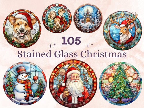 105 PNG Watercolor Round Stained Glass Christmas Bundle Clipart, Xmas Illustrations Clip art, Circle Stained Glass Winter Digital Sticker