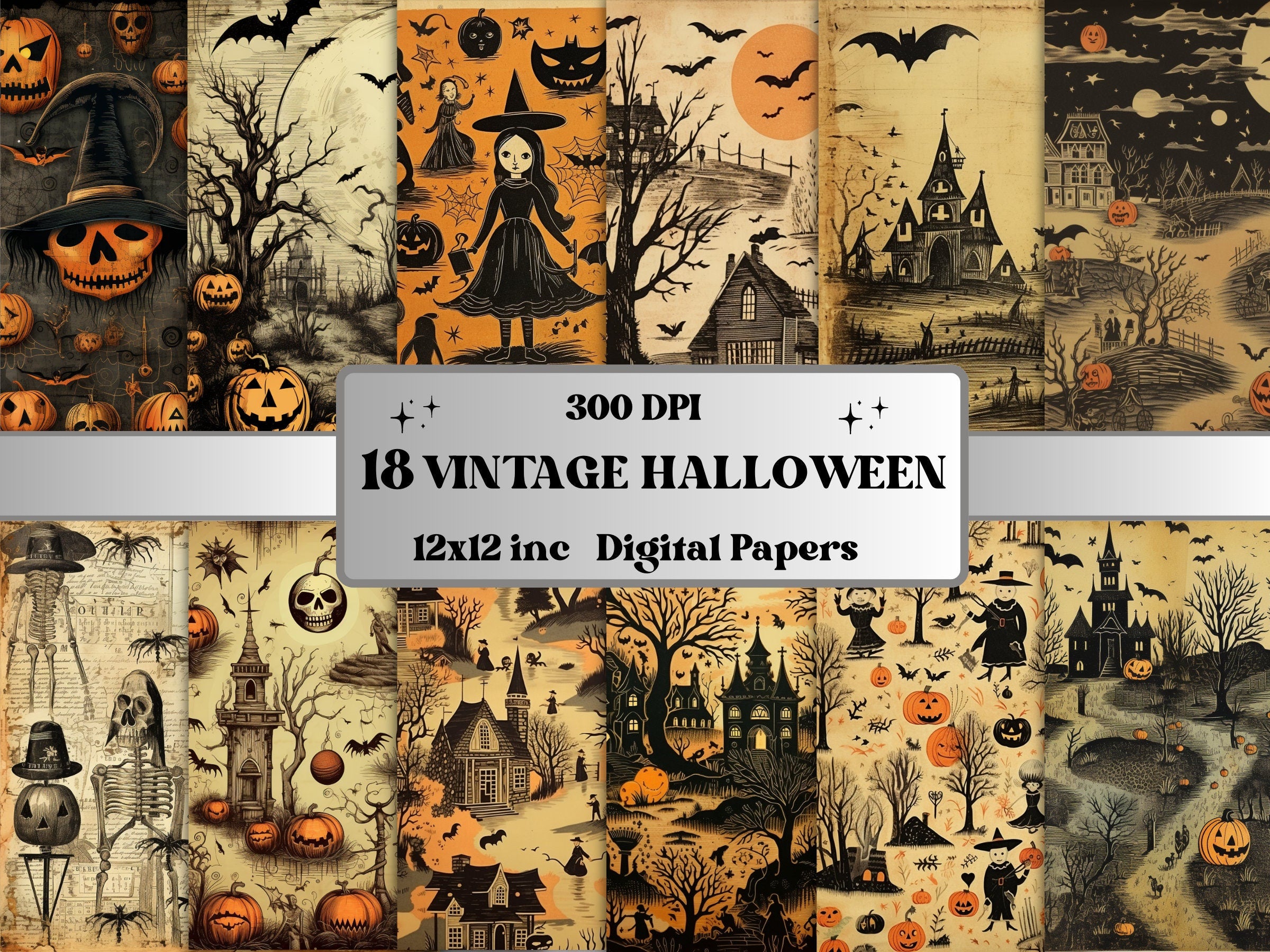 Printable Vintage Creepy Halloween Digital Paper, Halloween Ephemera, Fantasy Gothic Pages, Download Junk Journal, Scrapbooking, Card Making