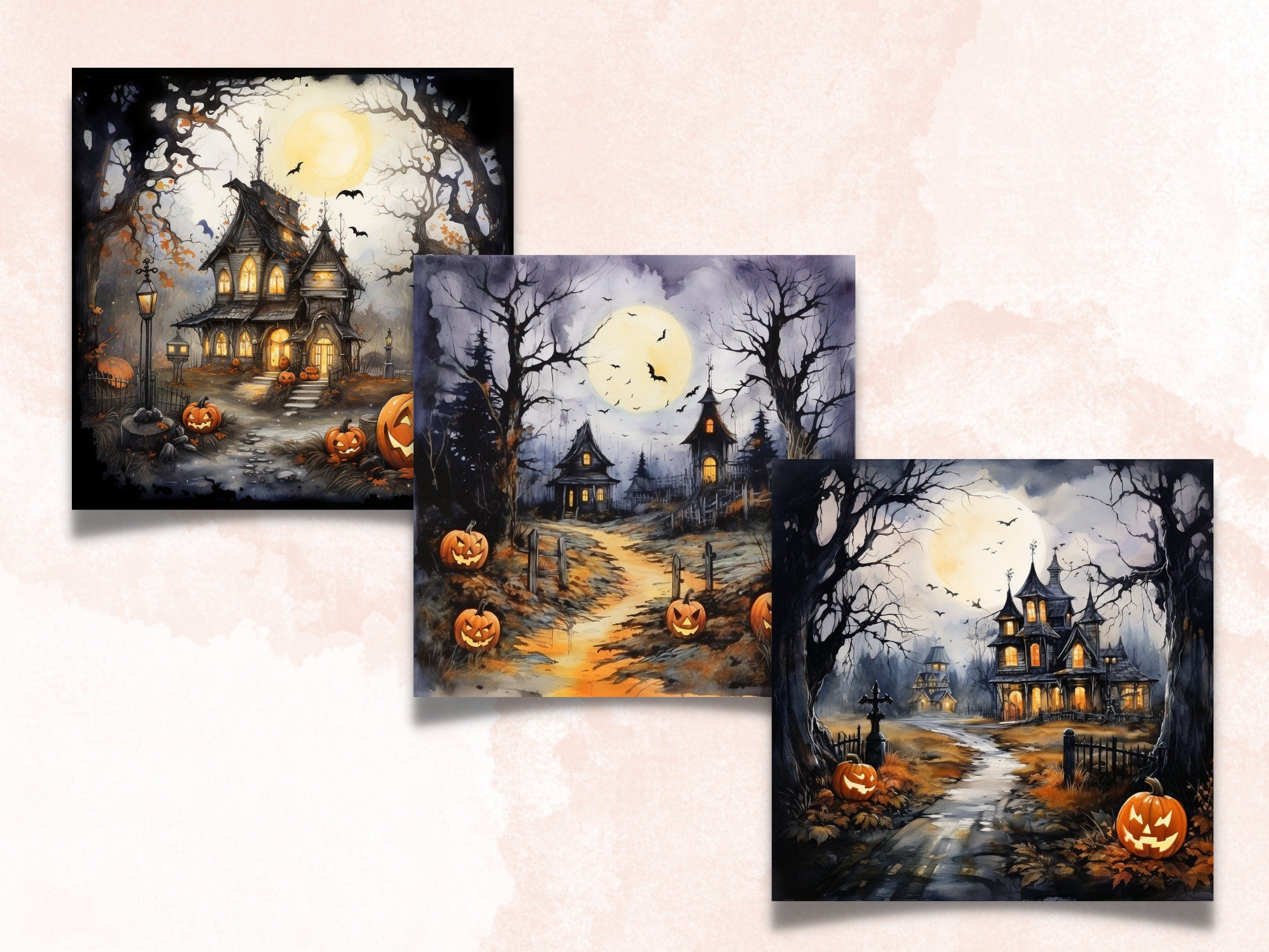 Printable Halloween Landscape Digital Paper, Watercolor Halloween Scenes, Spooky Pages, Download Junk Journal, Scrapbooking, Card Making