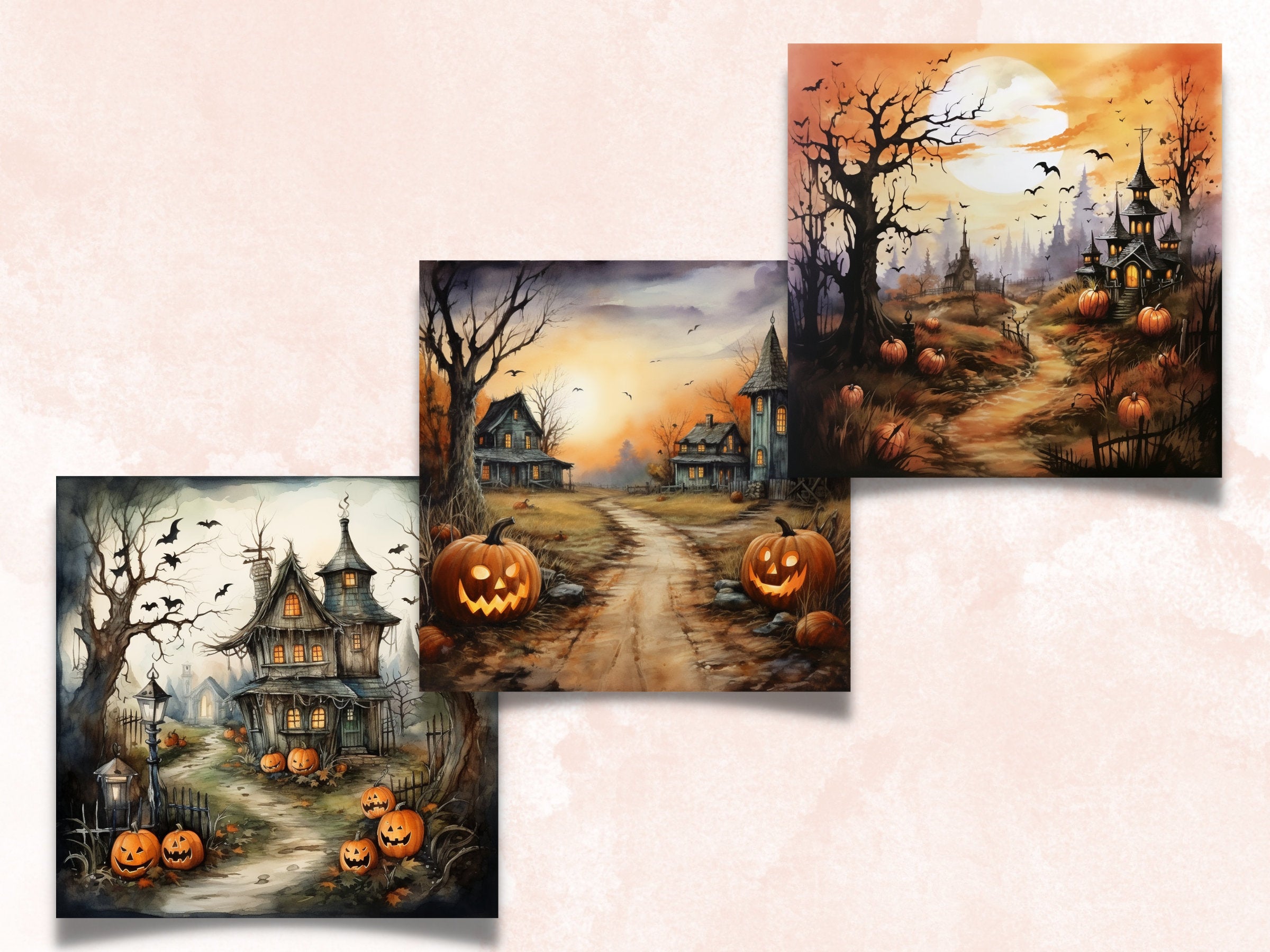 Printable Halloween Landscape Digital Paper, Watercolor Halloween Scenes, Spooky Pages, Download Junk Journal, Scrapbooking, Card Making