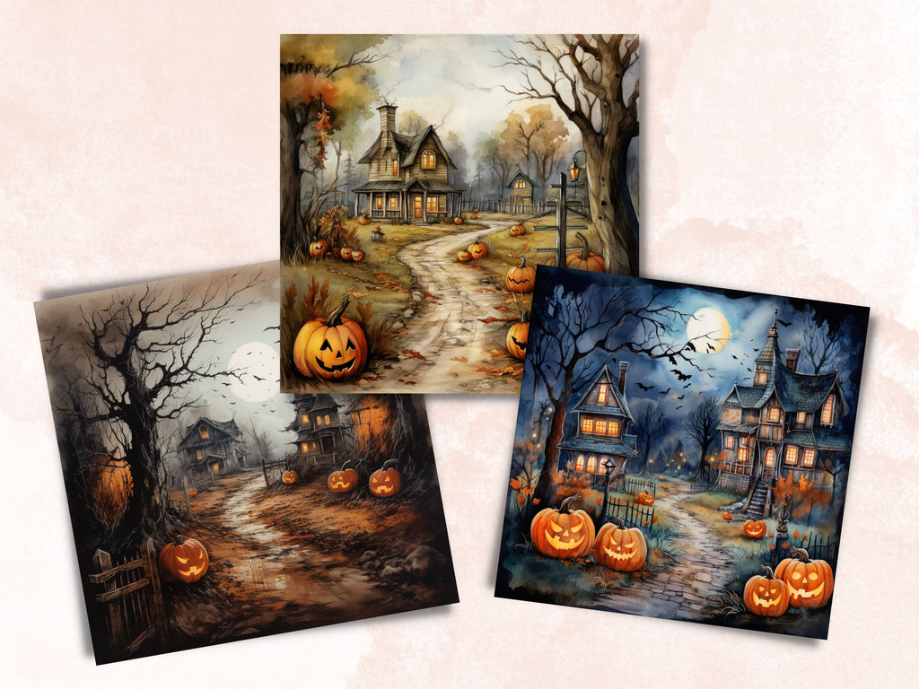 Printable Halloween Landscape Digital Paper, Watercolor Halloween Scenes, Spooky Pages, Download Junk Journal, Scrapbooking, Card Making