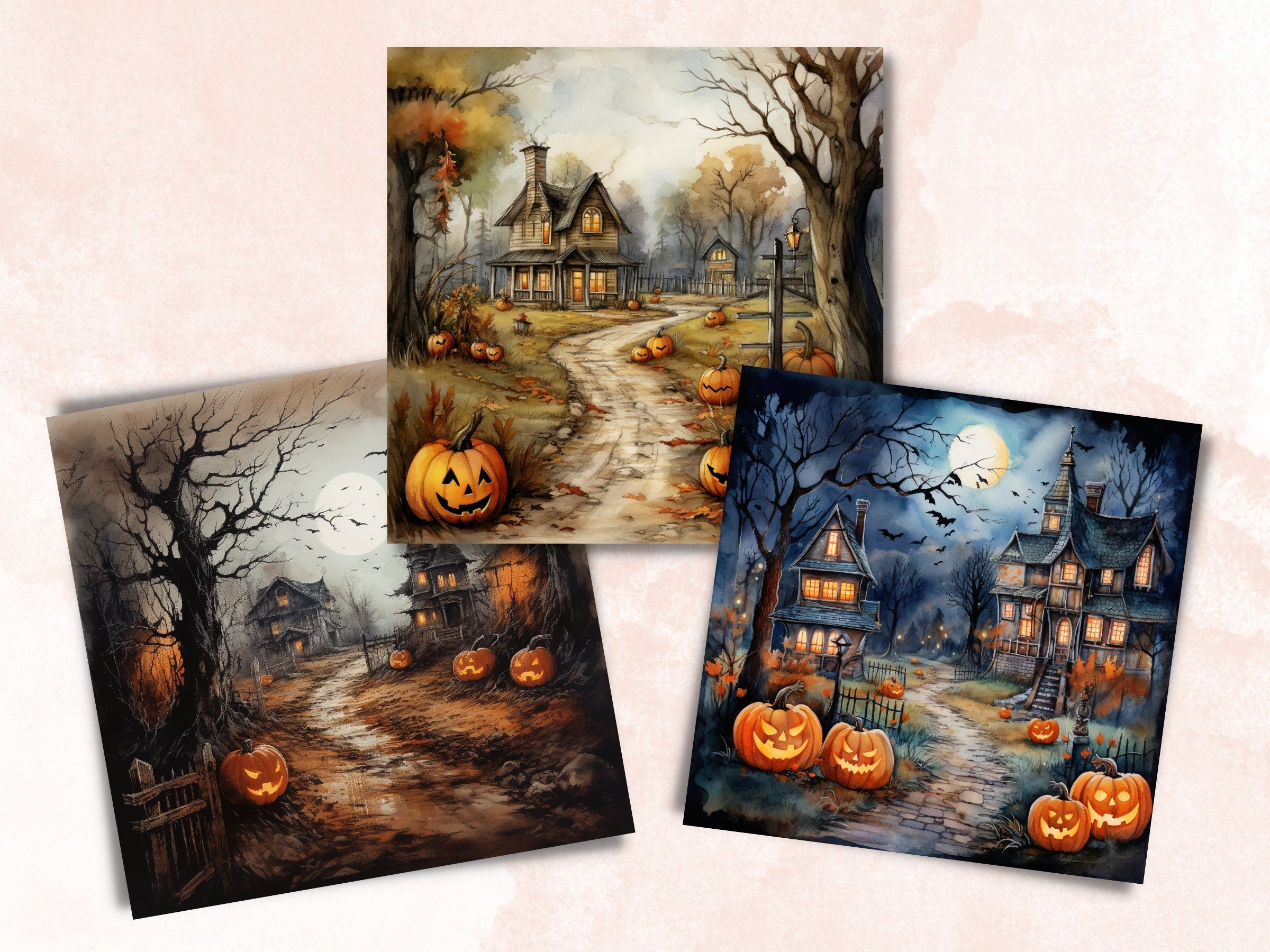 Printable Halloween Landscape Digital Paper, Watercolor Halloween Scenes, Spooky Pages, Download Junk Journal, Scrapbooking, Card Making