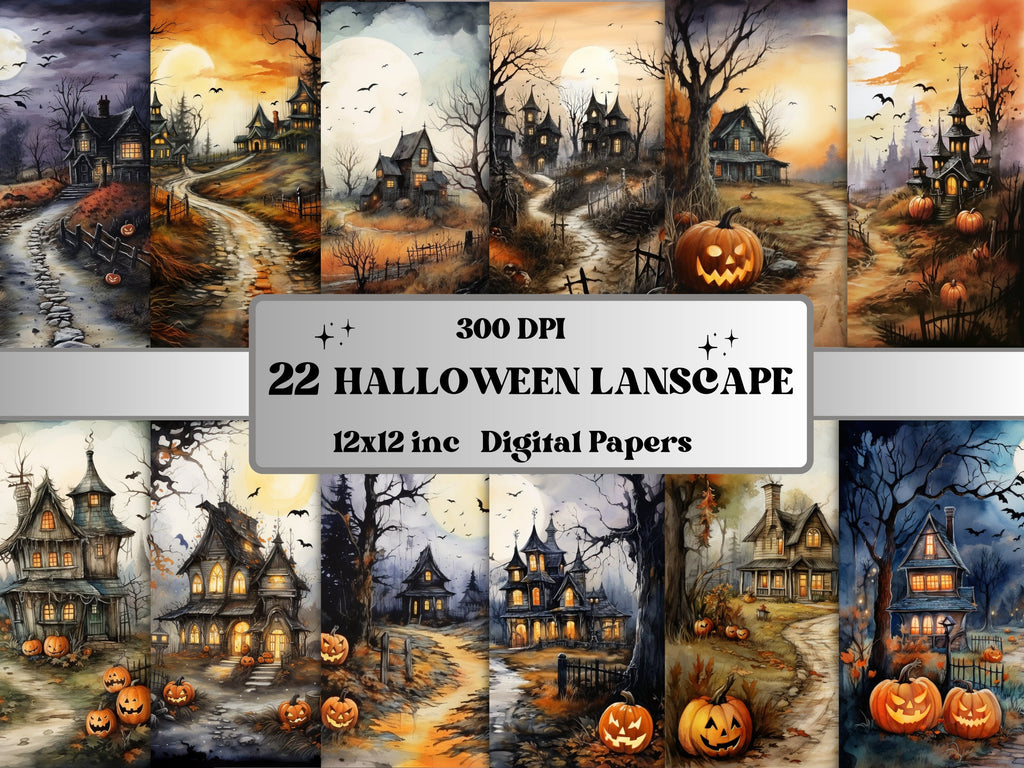 Printable Halloween Landscape Digital Paper, Watercolor Halloween Scenes, Spooky Pages, Download Junk Journal, Scrapbooking, Card Making