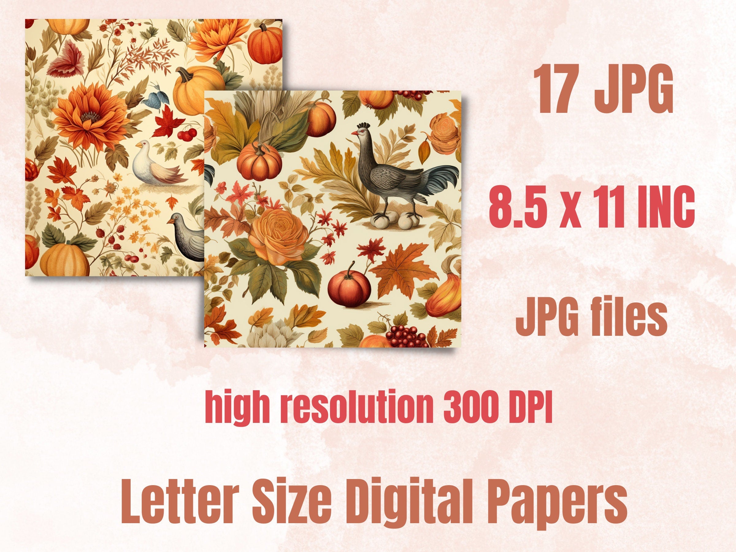 Printable Vintage Thanksgiving Digital Paper, Rustic Autumn, Fall Pumpkin Harvest Pages, Download Junk Journal, Scrapbooking, Card Making