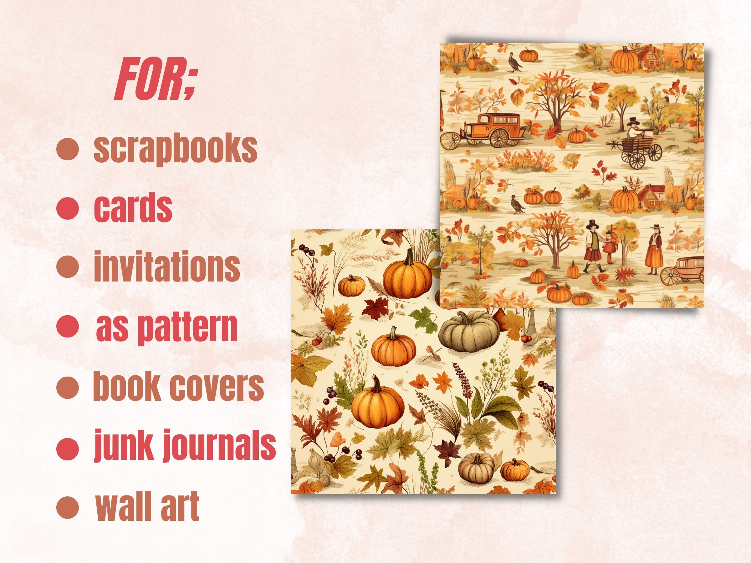 Printable Vintage Thanksgiving Digital Paper, Rustic Autumn, Fall Pumpkin Harvest Pages, Download Junk Journal, Scrapbooking, Card Making