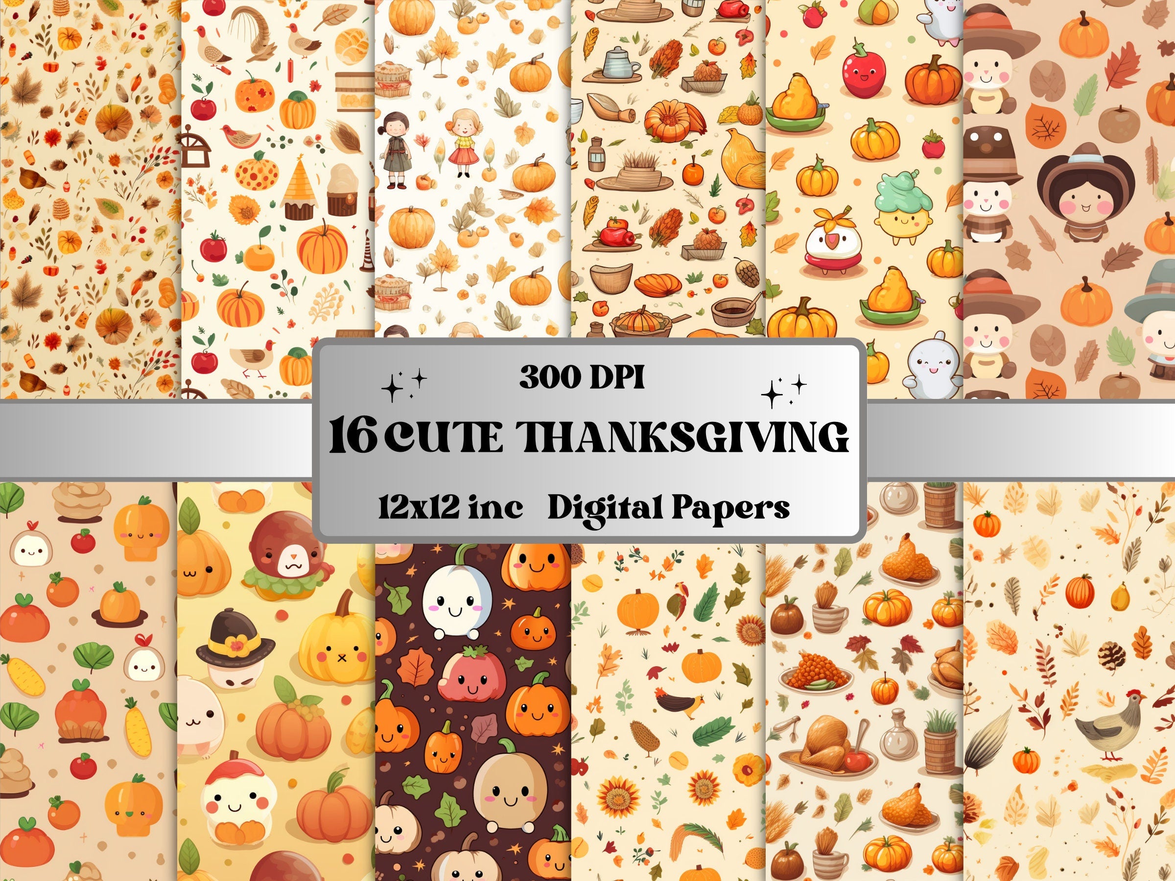 Printable Cute Thanksgiving Digital Paper, Cozy Kawaii Autumn, Fall Pumpkin Harvest Pages, Download Junk Journal, Scrapbooking, Card Making